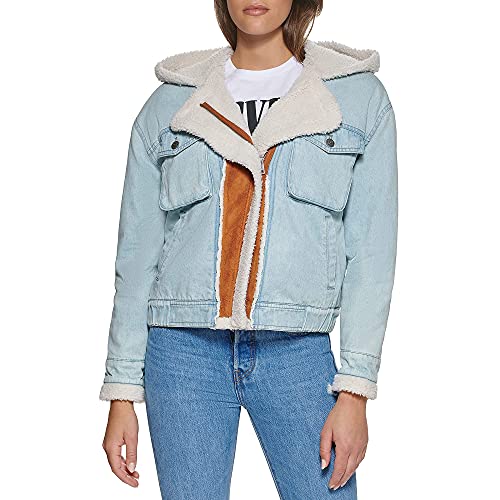 Levi's Bomberjacke aus Baumwoll-Denim, mit Kapuze aus künstlichem Shearling und Sherpa Spill-Out, Light Wash Denim, Large von Levi's