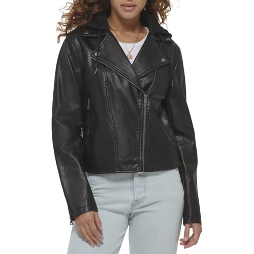 Levi's Damen Klassische Motorradjacke Jersey-Kapuze Jacke aus Kunstleder, Schwarz, 46 von Levi's