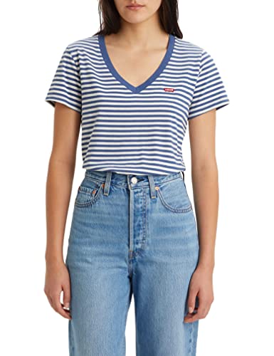 Levi's Damen Perfect V-Neck T-Shirt,Plain Jane Stripe True Navy,XXS von Levi's