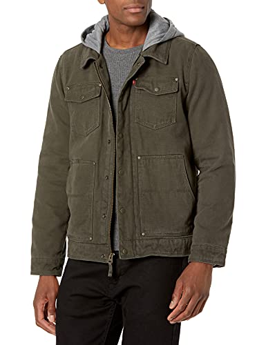 Levi's Herren Baumwoll Canvas Trucker Jacke Mit Abnehmbarer Kapuze Work Utility Oberbekleidung, Olivgrünes Sherpa-Futter, Large von Levi's