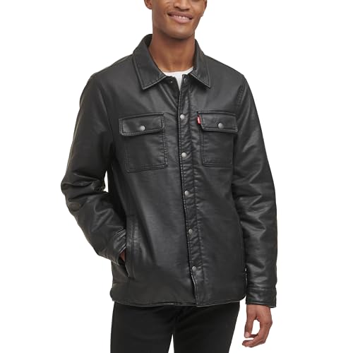 Levi's Herren Buffed Cow Faux Leather Hooded Trucker Jacket Kunstlederjacken, New Black, L von Levi's
