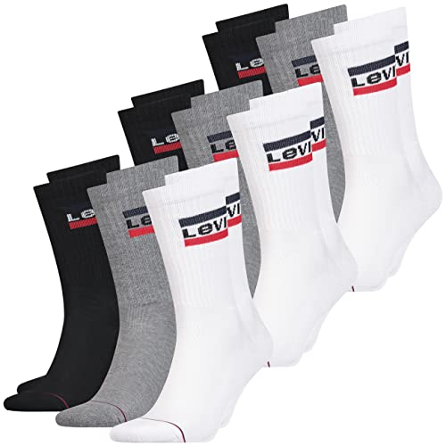 Levis Herren Socken Regular Cut 120SF SPRT LT 9er Pack Crew Sportsocken Baumwolle 35-38 39-42 43-46 Schwarz Weiß Blau Grau, Größe:39-42, Farbe:White/Grey/Black (001) von Levi's