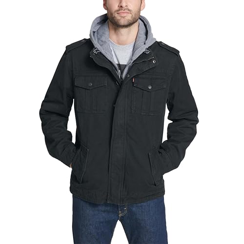 Levi's Herren Militärjacke mit Kapuze aus Gewaschener Baumwolle (Normale Größen) Leichte Baumwolljacke, Schwarz/Sherpa-Futter, 3XL von Levi's