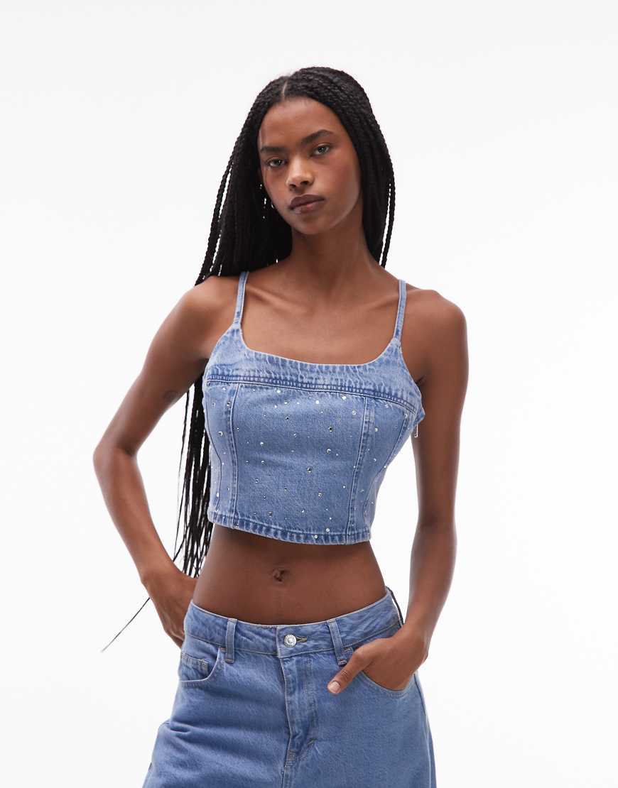 Levi's - Jadine - Camisole aus Jeansstoff in Blau mit All-over-Verzierung im Korsett-Design von Levi's