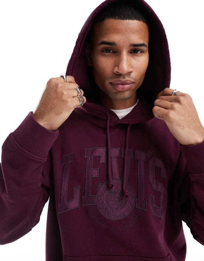 Levi's - Kapuzenpullover in Burgunderrot mit lockerem Schnitt und farblich abgestimmter College-Logoapplikation von Levi's