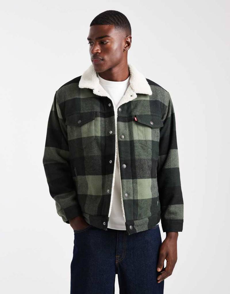 Levi's - Relaxed-Fit-Truckerjacke in kariertem Anthrazit im Colourblock-Design mit Sherpa-Futter-Grau von Levi's