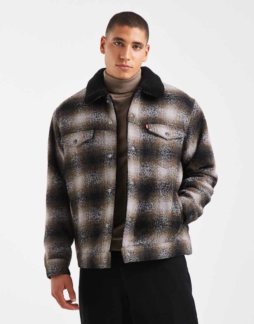 Levi's - Relaxed-Fit-Truckerjacke in schwarz kariert mit Wollanteil und Sherpa-Futter von Levi's