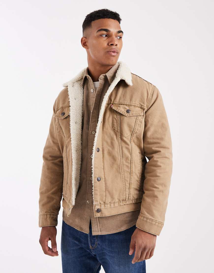 Levi's - Type 3 - Trucker-Jacke aus hellbraunem Canvas mit Futter aus Sherpa-Fleece-Brown von Levi's