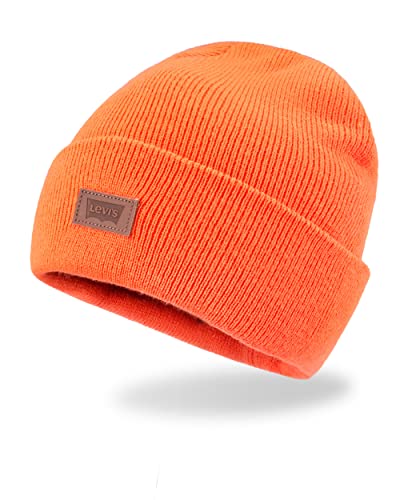 Levi's Unisex-Erwachsene All Season Comfy Leather Logo Patch Cuffed Hero Beanie-Mütze, Neon Orange Solid, Einheitsgre von Levi's