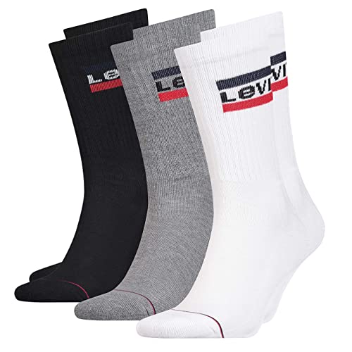 Levis Herren Socken Regular Cut 120SF SPRT LT 3er Pack Crew Sportsocken Baumwolle 35-38 39-42 43-46 Schwarz Weiß Blau Grau, Größe:35-38, Farbe:White/Grey/Black (001) von Levi's