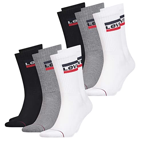 Levis Herren Socken Regular Cut 120SF SPRT LT 6er Pack Crew Sportsocken Baumwolle 35-38 39-42 43-46 Schwarz Weiß Blau Grau, Größe:39-42, Farbe:White/Grey/Black (001) von Levi's