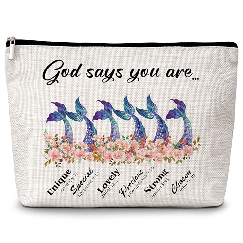 Kosmetiktasche mit Bibelvers für Frauen, Motiv: God Says You Are Christian, Geschenk für Frauen, Meer, Meerjungfrau, Reise-Make-up-Tasche, inspirierende Geburtstagsgeschenke für Frauen, Mutter, Tante, von Levitatinyear