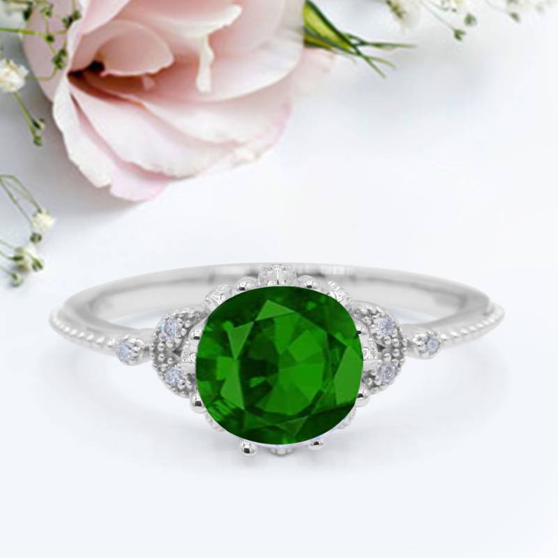 Art Deco Design Mode Ring Rund Simuliert Smaragd Cz 925 Sterling Silber Jubiläum Versprechen Neues von LevxJewelry