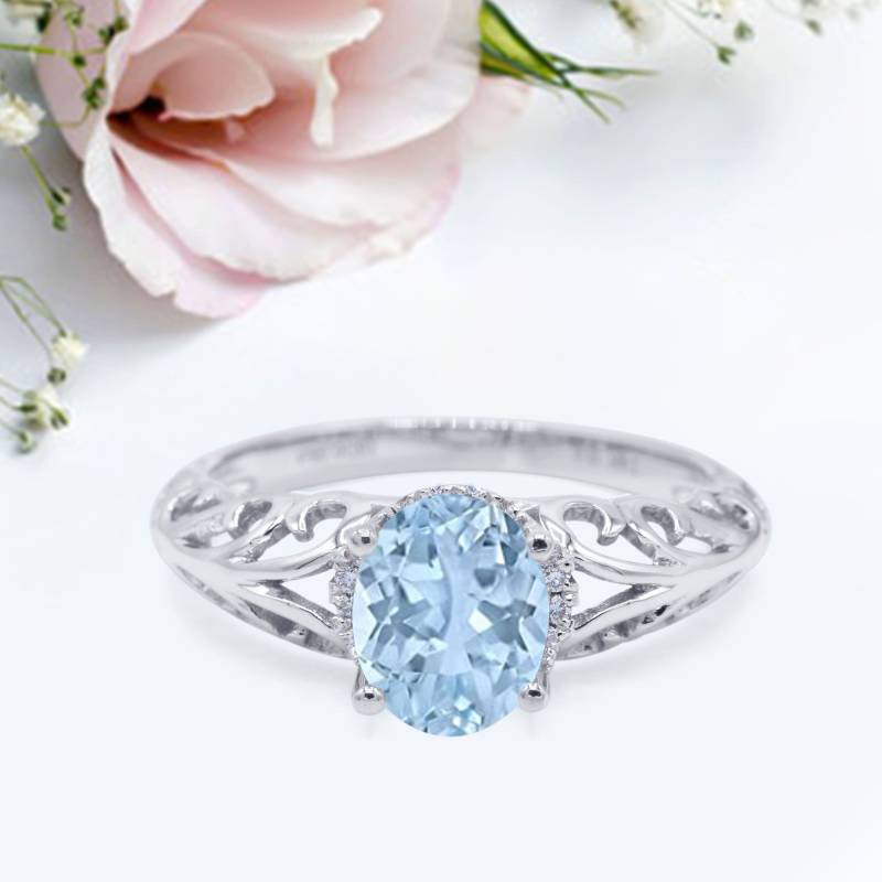 Art Deco Filigrane Hochzeit Verlobung Brautring Rund Simuliert Aquamarin Jubiläum Versprechen Ring Neues Design von LevxJewelry
