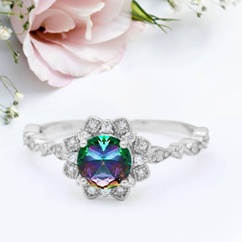 Art Deco Floral Style Engagementmnet Ring Rund Simuliert Regenbogen Topas Jubiläum Versprechen Neues Design von LevxJewelry