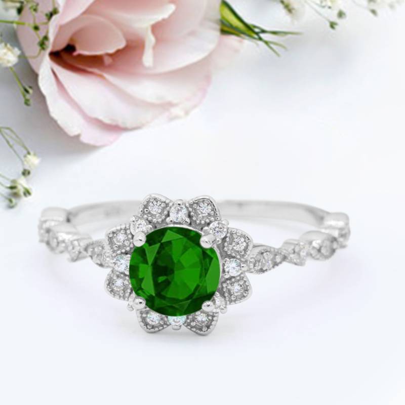Art Deco Floral Style Engagementmnet Ring Rund Simuliert Smaragd Jubiläum Versprechen Neues Design von LevxJewelry