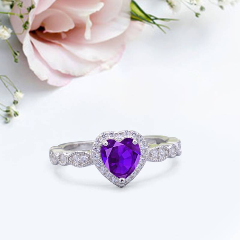 Art Deco Herz Versprechen Ehering Simulierter Amethyst Jahrestag Ring Neues Design von LevxJewelry