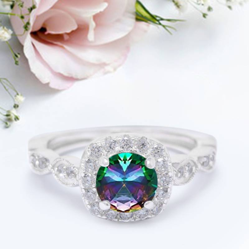 Art Deco Hochzeit Verlobungsring Rund Simuliert Regenbogen Topas Jahrestag Versprechen Ring Neues Design von LevxJewelry