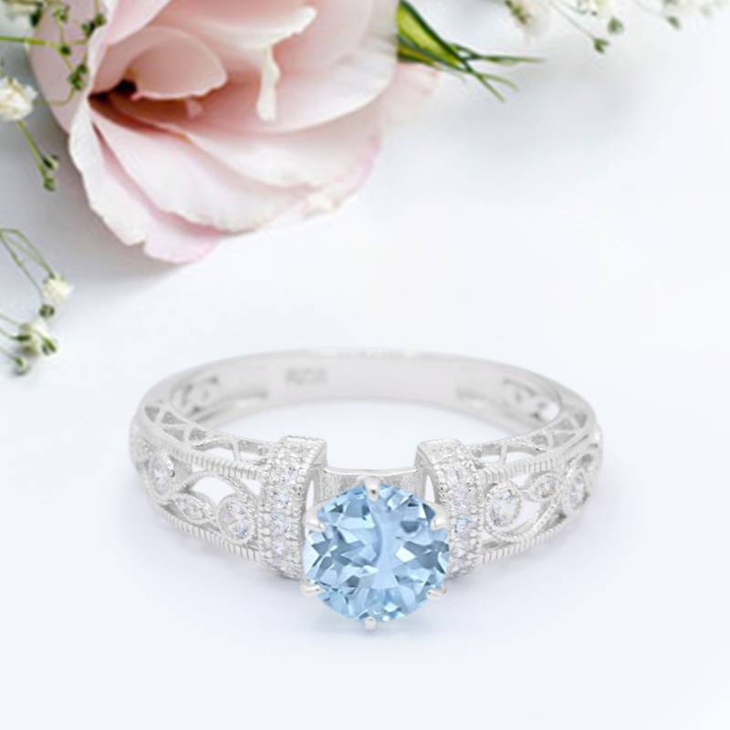 Art Deco Hochzeits Versprechen Ring Rund Simuliert Aquamarin Jubiläum Versprechen Neues Design von LevxJewelry