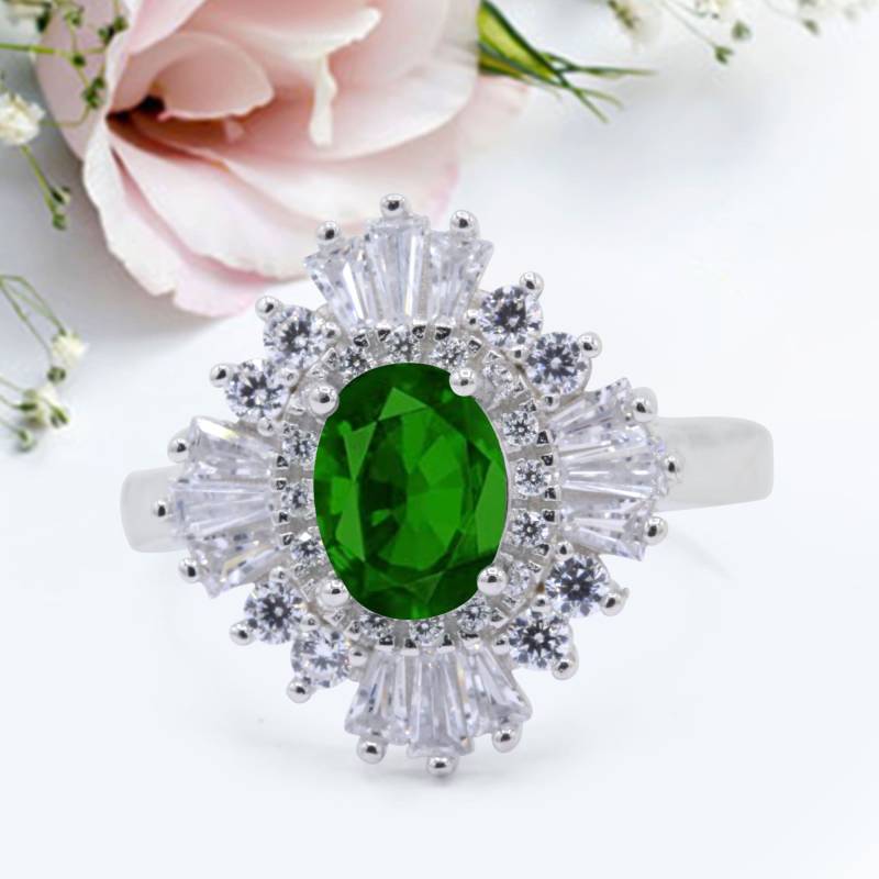 Art Deco Ovaler Heiligenschein Ehering Simulierter Smaragd Jubiläum Versprechensring Neues Design von LevxJewelry