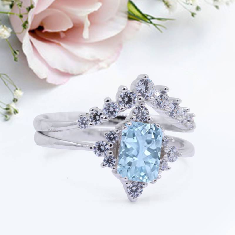 Art Deco Zweiteiler Ehering Smaragdschliff Simulierter Aquamarin Jubiläum Versprechen Ring Neues Design von LevxJewelry