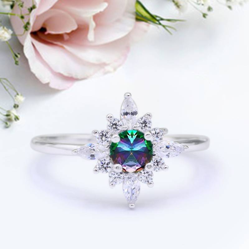 Cluster Verlobungsring Rund Simuliert Regenbogen Topas Jubiläum Versprechensring Neues Design von LevxJewelry