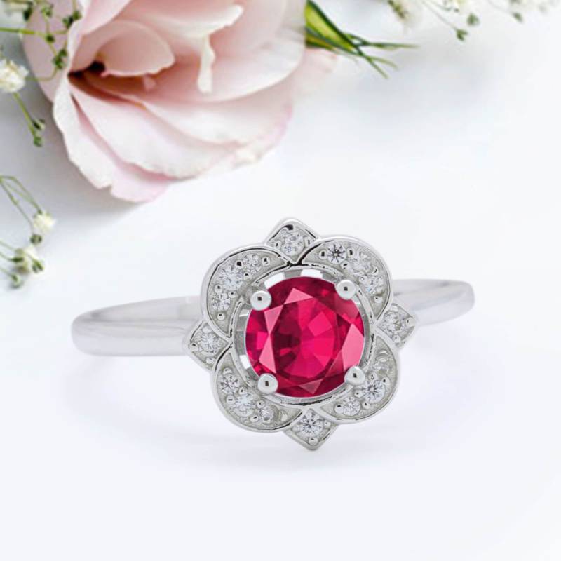 Floraler Vintage Stil Ehering Simulierter Rubin Jahrestag Versprechen Ring Neues Design von LevxJewelry