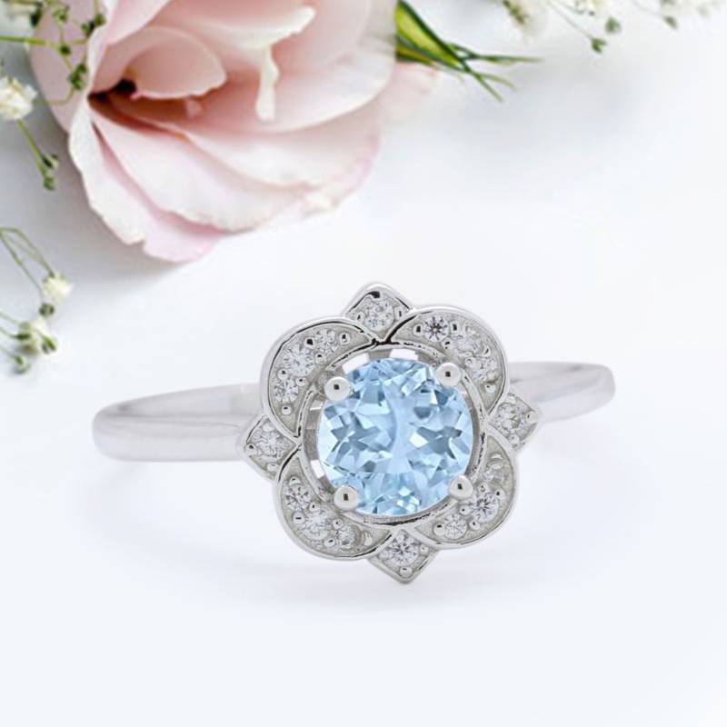 Floraler Vintage Stil Hochzeitsring Simulierter Aquamarin Jubiläum Versprechensring Neues Design von LevxJewelry