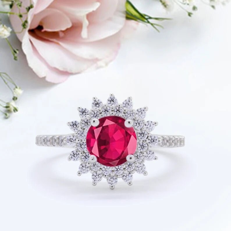 Halo Starburst Blume Verlobungsring Frauen Silber Ehering Simulierter Jahrestag Versprechen Ring Neues Design von LevxJewelry