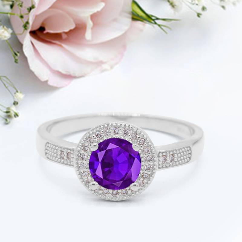 Heiligenschein Ehering Rund Simulierter Amethyst Jahrestag Versprechensring Neues Design von LevxJewelry