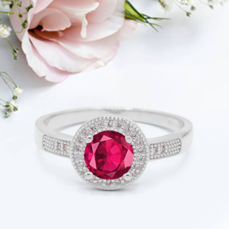 Heiligenschein Ehering Rund Simulierter Rubin Jahrestag Versprechen Ring Neues Design von LevxJewelry