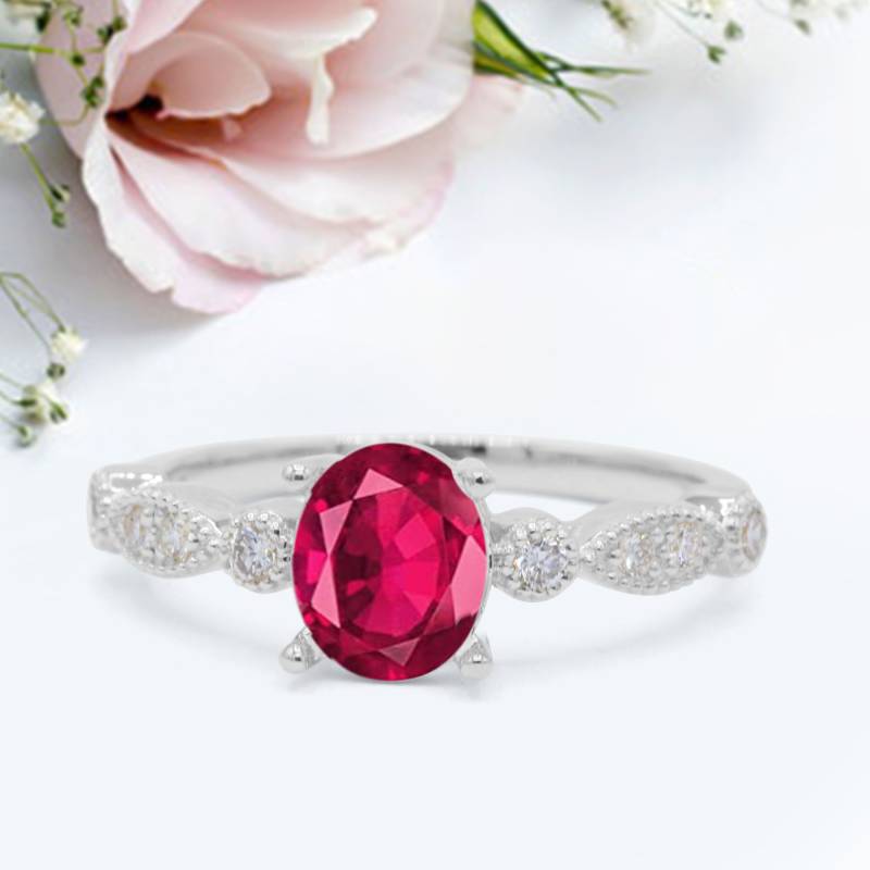 Vintage Stil Ehering Oval Simuliert Rubin Cz 925 Sterling Silber Jubiläum Versprechen Ring Neues Design von LevxJewelry