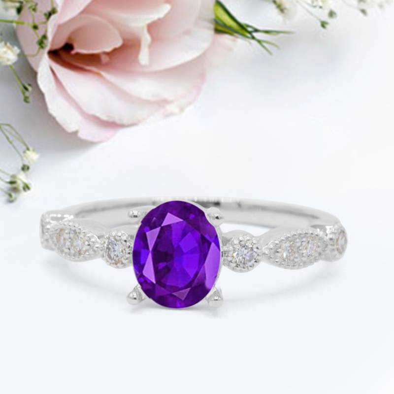 Vintage Stil Ehering Oval Simulierter Amethyst Cz 925 Sterling Silber Jubiläum Versprechen Ring Neues Design von LevxJewelry