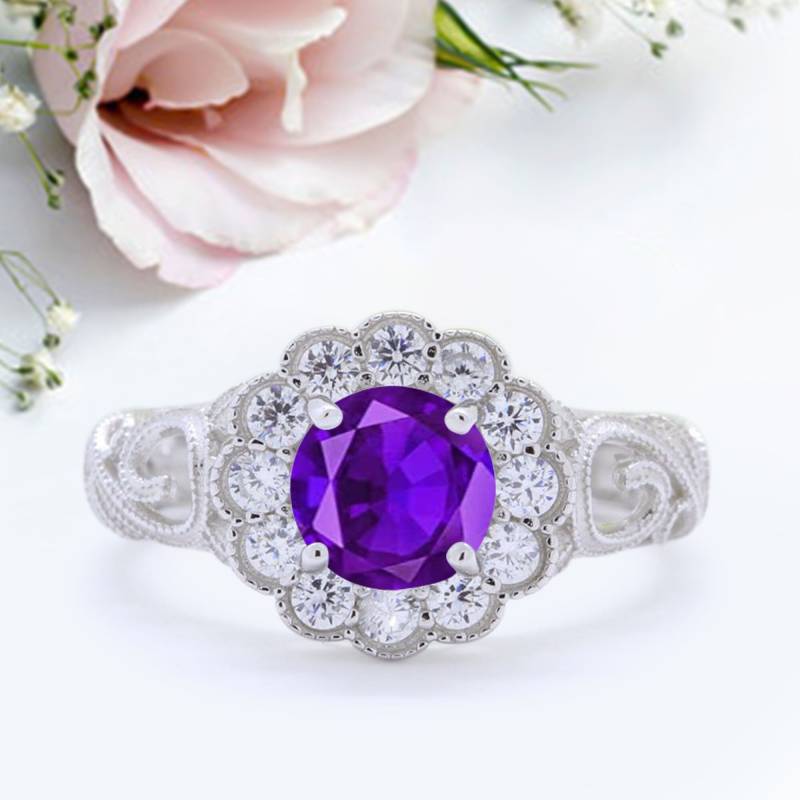 Vintage Stil Ehering Rund Simulierter Amethyst Jubiläum Versprechensring Neues Design von LevxJewelry