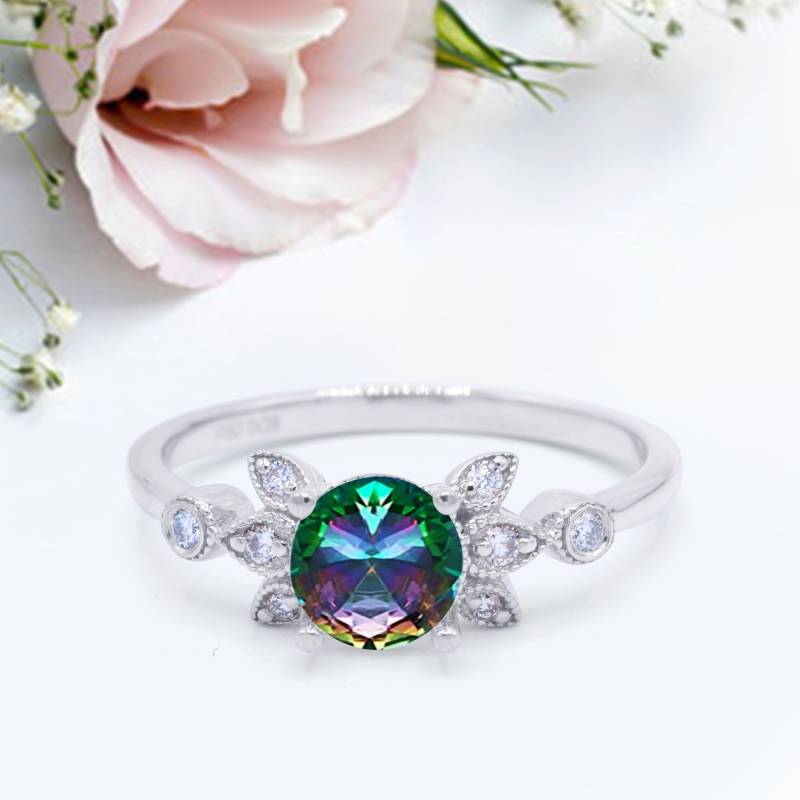 Vintage Stil Rund Simuliert Regenbogen Topas Jubiläum Versprechen Ring Neues Design von LevxJewelry