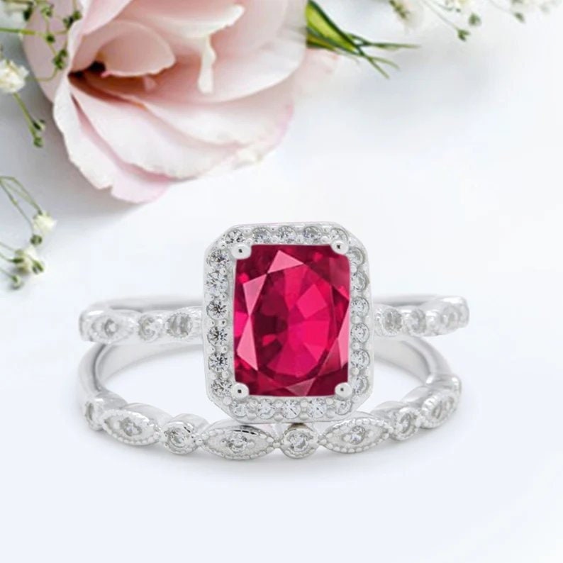Zwei Stück Smaragd Schliff Ring Hochzeit Simulierter Regenbogen Topas Jahrestag Versprechen Neues Design von LevxJewelry