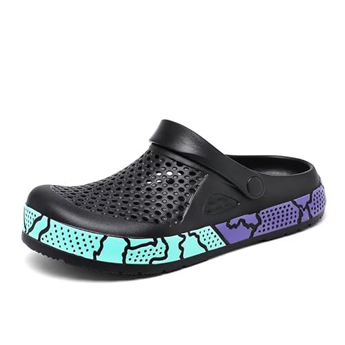 Lewhosy Herren Clogs Sommer Schuhe Atmungsaktiv Leicht Bequem rutschfest Gartenschuhe mit Bunter Sohle für Strand, Garten & Alltag Schwarz 42/43 von Lewhosy