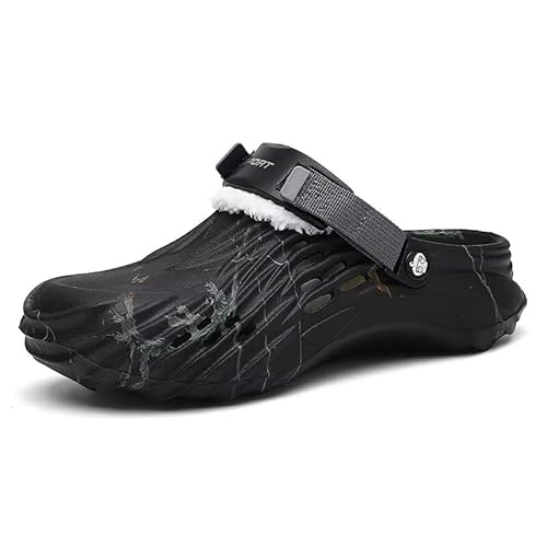 Lewhosy Herren Clogs mit Warmfutter, Winter Garten Schuhe mit Fersenriemen, Bequeme rutschfeste Hausschuhe für Innen & Außen Schwarz-43 von Lewhosy