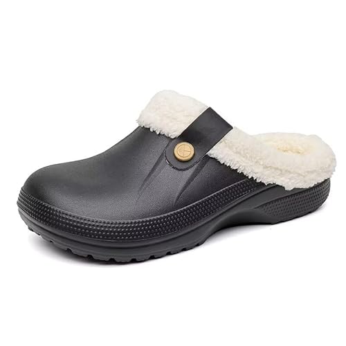 Lewhosy Herren Damen Clogs Winter Hausschuhe Gefüttert Warm Pantoffeln rutschfest Gartenschuhe Indoor Outdoor Mit Fersenriemen Schwarz-1 37-38 von Lewhosy