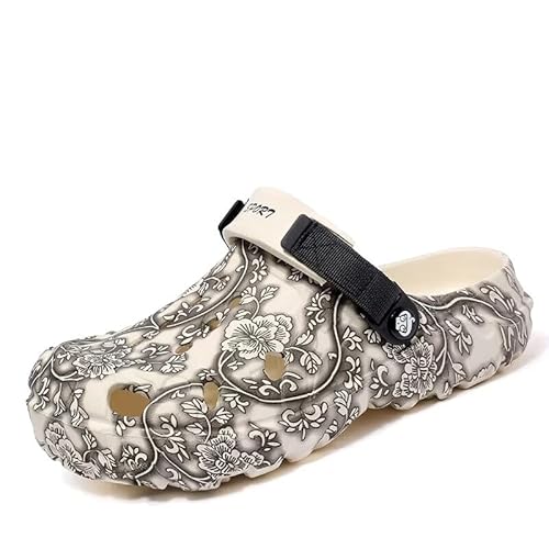 Lewshosy Herren Clogs Sommer Atmungsaktive Gartenschuhe mit Blumenmuster – Bequeme rutschfeste Hausschuhe mit Verstellbarem Riemen für Freizeit, Strand, Garten Weiß-43 von Lewhosy