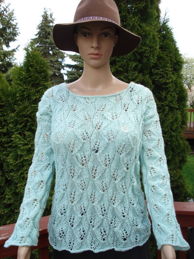 Mint Grünes Handgestrickte Spitze Blatt Pullover M/L von LexiesStoreGoods