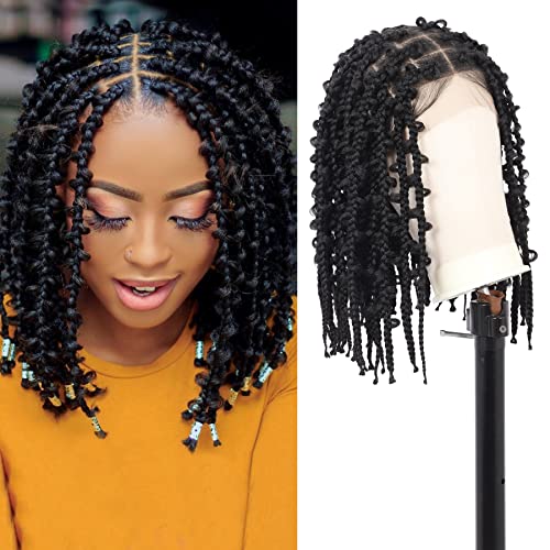 Lexqui 35,6 cm kurze knotenlose geflochtene Perücke für Damen, Box Braid Perücke, volle Doppelspitze, Schmetterling, Bob, geflochtene Spitze-Perücke mit Babyhaar, Kunsthaar, Zopf, Lace-Front-Perücke von Lexqui