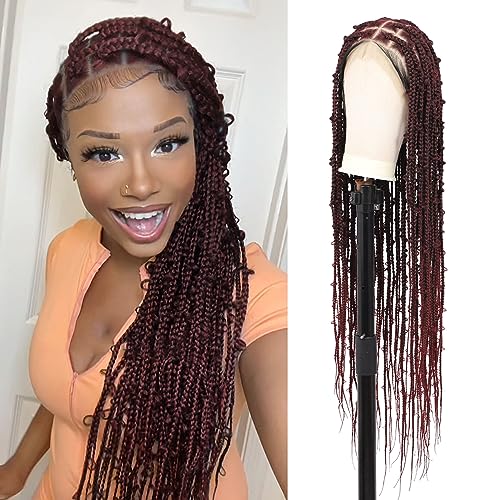 Lexqui 360° HD Full Lace Geflochtene Perücken für Frauen knotenlose geflochtene Perücken Schmetterling Box Zopf Perücke mit Babyhaar Kunsthaar geflochten Lace Front Perücken Burgunderrot 91,4 cm von Lexqui
