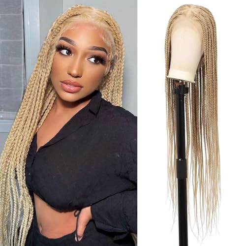 Lexqui 91,4 cm 360° HD Full Lace Geflochtene Perücke für Frauen Box Braid Perücke mit Babyhaar Handamde Kunsthaar Dreieck Knotenlos Geflochtene Perücken Natürliches Geflecht Lace Front Perücke Blond von Lexqui