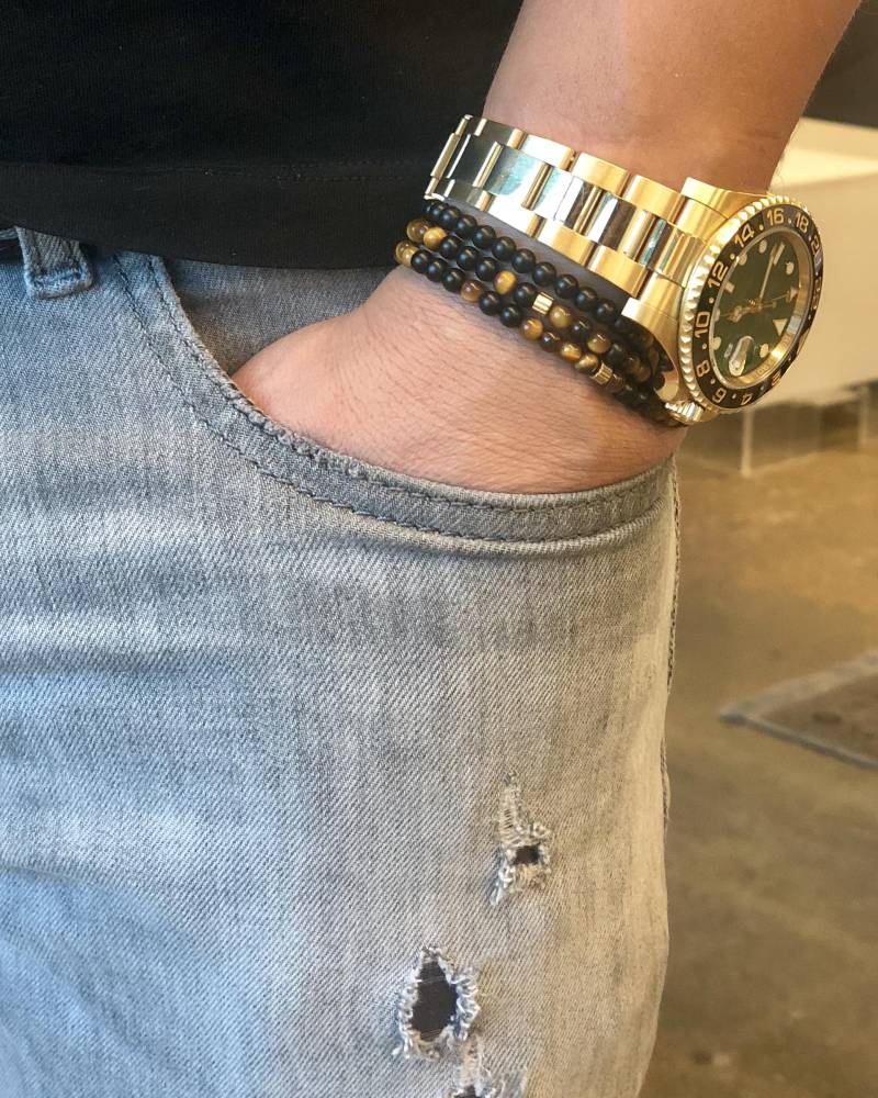 Herren Armband - Schwarz Onyx, Tigerauge, Vergoldete Akzente von LexxDesignCo