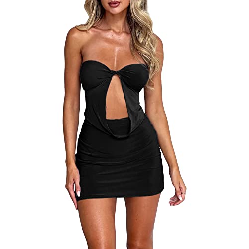 Frauen Y2k Schulterfreies Schlauchkleid Floral Gedruckt Spitze Bodycon Minikleid Low Cut Mini Rückenfreies Kleid Clubwear, V-schwarz, Klein von Leyajedol