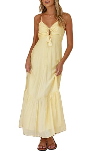 Leyajedol Damen Y2k figurbetontes langes Kleid mit Spaghettiträgern, tief geschnittenes Kleid, lässig, rückenfrei, fließend, Maxikleid, sexy Clubwear, Aa-Yellow Flowy-D, Mittel von Leyajedol