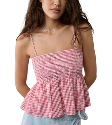 Y2K Damen-Tanktop mit Karomuster, Spaghettiträger, Schößchen, quadratischer Ausschnitt, gesmoktes Babydoll-Top, Ausgestelltes Pink, Klein von Leyajedol