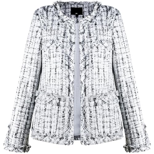Leyoutx Damen Kragenloser Plaid Tweed Blazer Elegant Offene Front Fransen Casual Business Glitzer Jacke, Weiss/opulenter Garten, XXL von Leyoutx