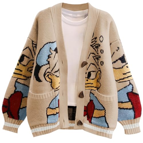 Leyoutx Damen Strickjacke mit niedlicher Stickerei, Cartoon-Ente, Zopfmuster, Pullover, Knopfleiste, lässiger Wollmischmantel, Khaki, X-Groß Leyoutx Damen Strickjacke mit niedlicher Stickerei, Cartoon-Ente, Zopfmuster, Pullover, Knopfleiste, lässiger Wollmischmantel, Khaki, X-Groß von Leyoutx